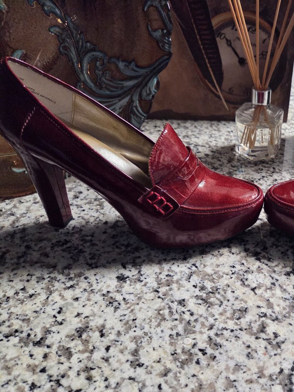 Burgundy Heeled Loafers • Glossy Loafer Pumps • Size 9